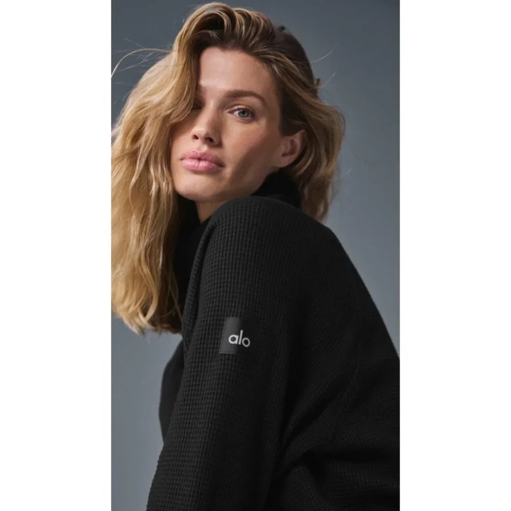 Alo Waffle Weekend Escape Mock Neck Long Sleeve Black Turtleneck Thermal Sweater